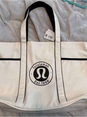 Lululemon Athletica Canvas Cream Tote with Black Logo and Trim